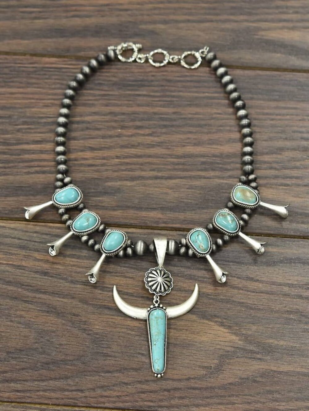 Western Turquoise Longhorn Necklace Silver Tone Cowgirl Squash Blossom Style